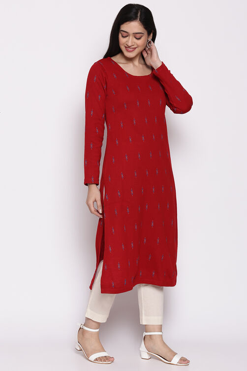 Red Acrylic Straight Kurta image number 3