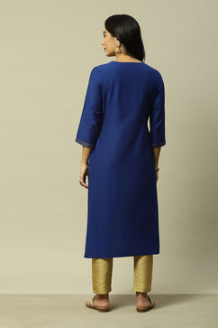 Blue LIVA Straight Printed Kurta image number 3