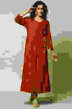 Rust LIVA Flared Printed Dress image number 0