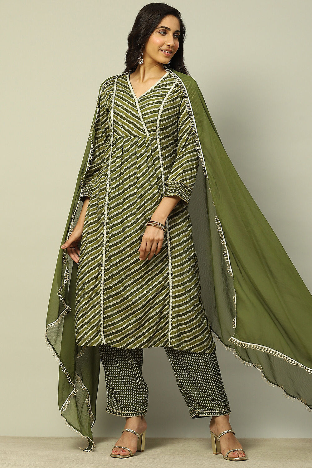Buy Olive Green Viscose Printed Pleated Straight Suit Set 3N by Rangriti