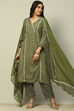 Olive Green Viscose Printed Pleated Straight Suit Set image number 0