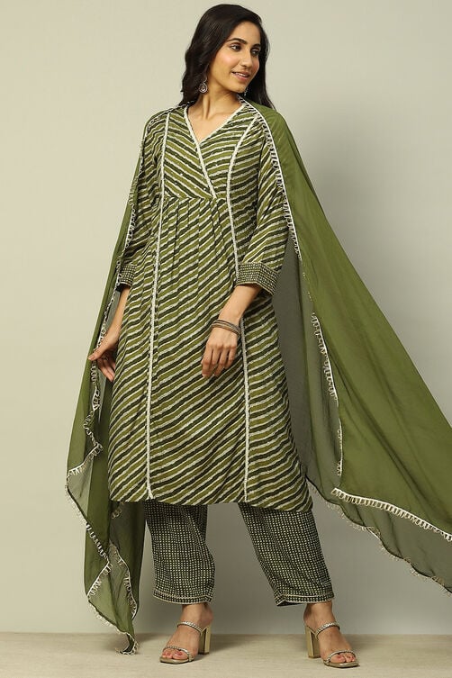 Olive Green Viscose Printed Pleated Straight Suit Set image number 0