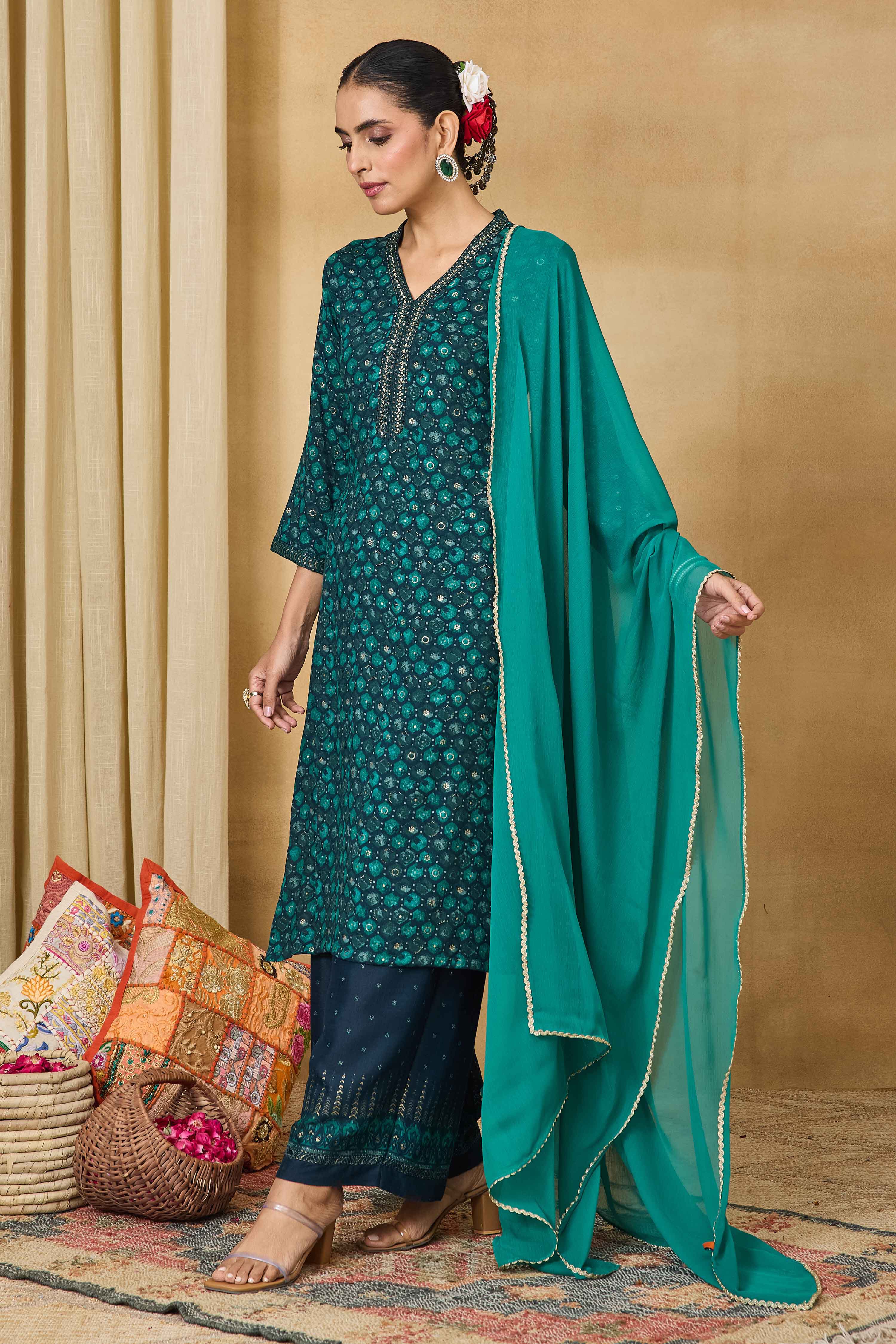 Teal Viscose Blend Straight Printed Suit Set image number 6