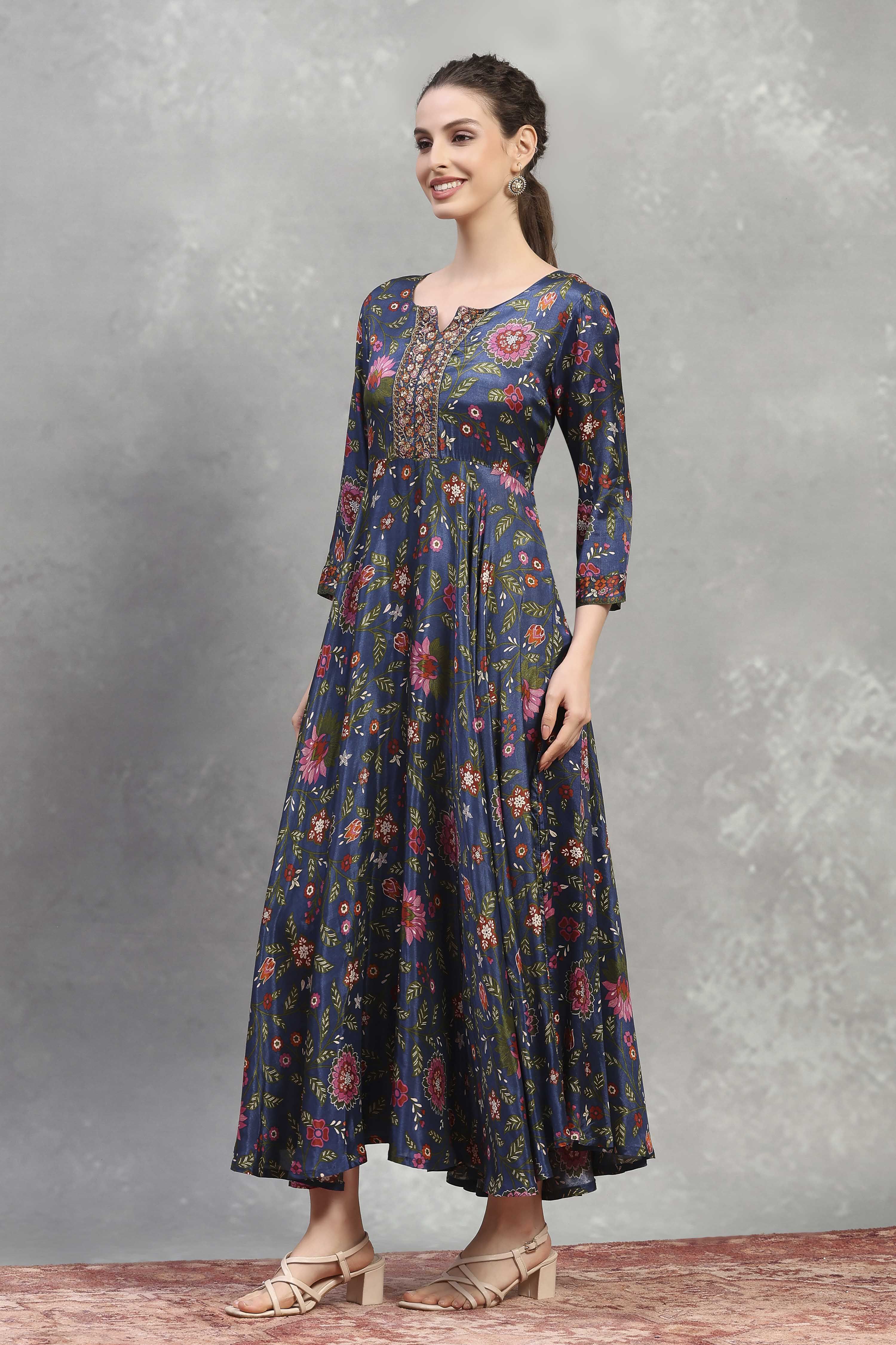 Blue Viscose Rayon Printed Flared Dress image number 2