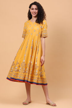 Mustard Art Silk Kalidar Kurta Dress image number 0