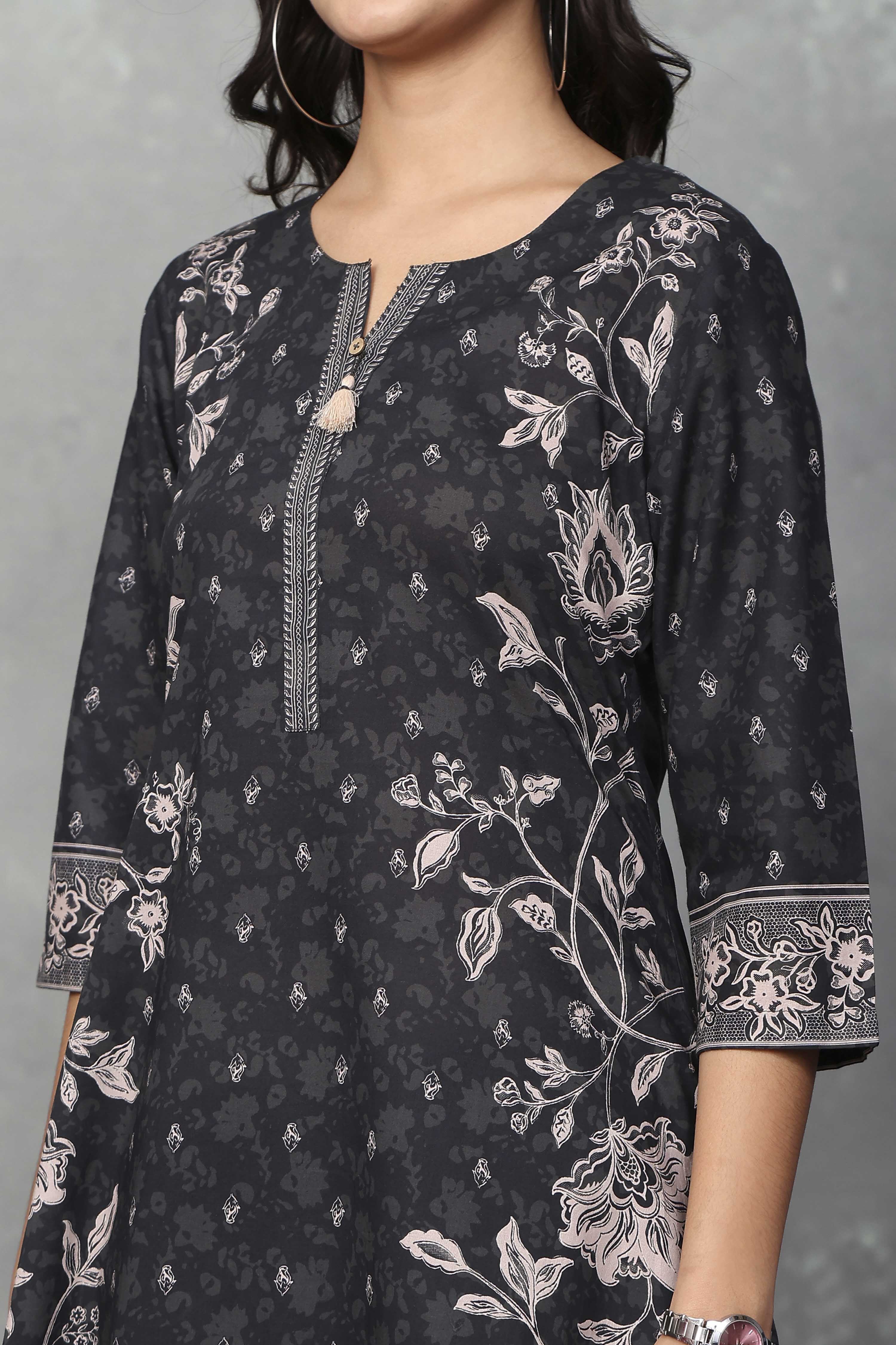 Black Cotton Printed Straight Kurta image number 1