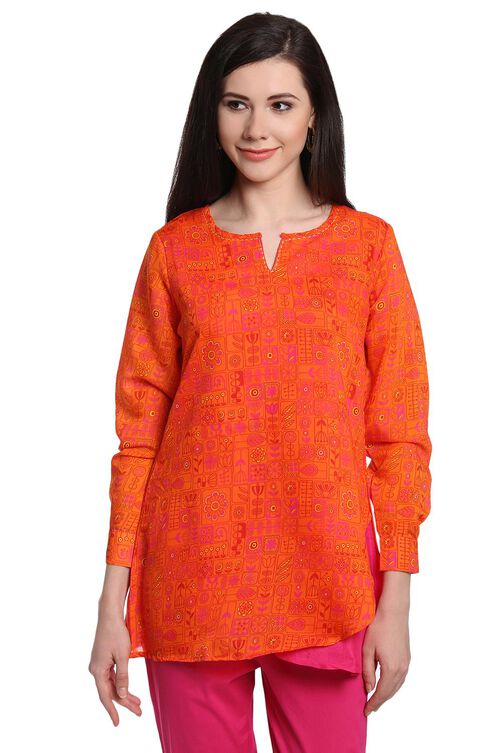 Orange Art Silk Indie Top image number 0