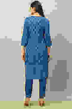 Blue Rayon Straight Printed Kurta Salwar Pants Suit Set image number 4