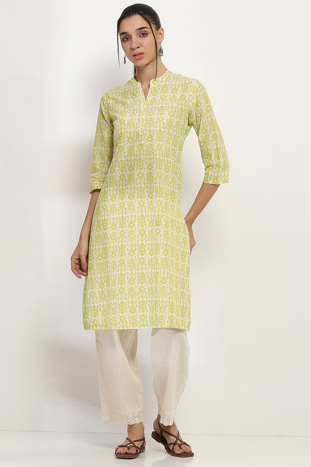 Lime Cotton Printed Straight Kurta image number 5