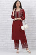 Red LIVA Schiffli Kurta Pants Set image number 6