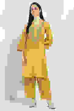 Yellow Cotton Embroidered Straight Kurta Set image number 6