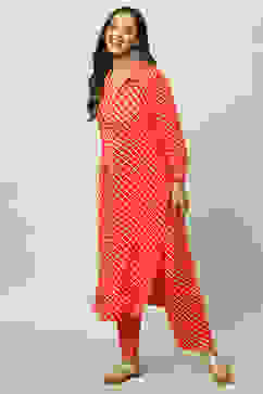 Red Striped Straight Kurta Set image number 0