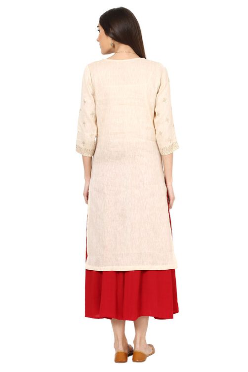 Beige Straight Poly Cotton Kurta image number 3