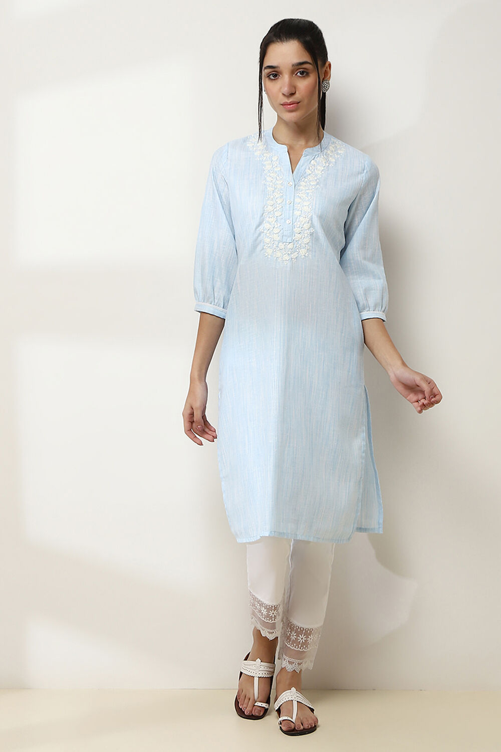 Blue Cotton Yarn-Dyed Straight Kurta image number 5