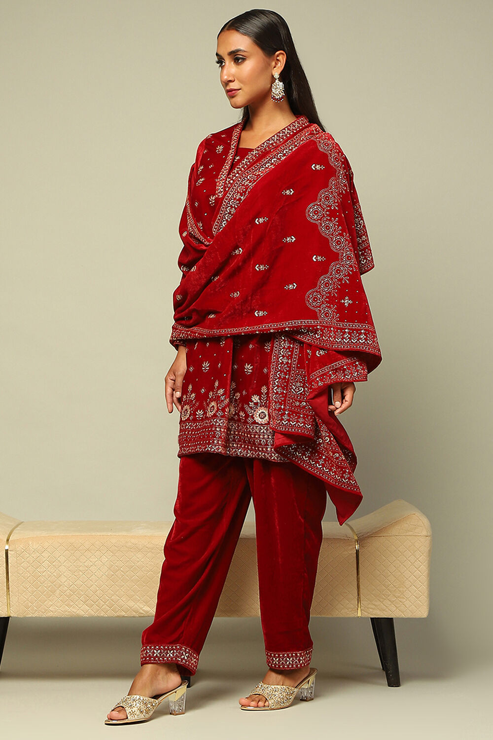 Red Poly Velvet Straight Printed Kurta Palazzo Suit Set image number 8