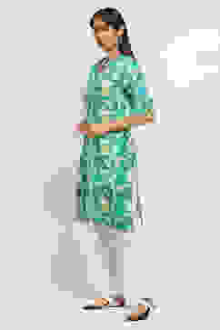 Teal Printed Straight Kurta image number 2