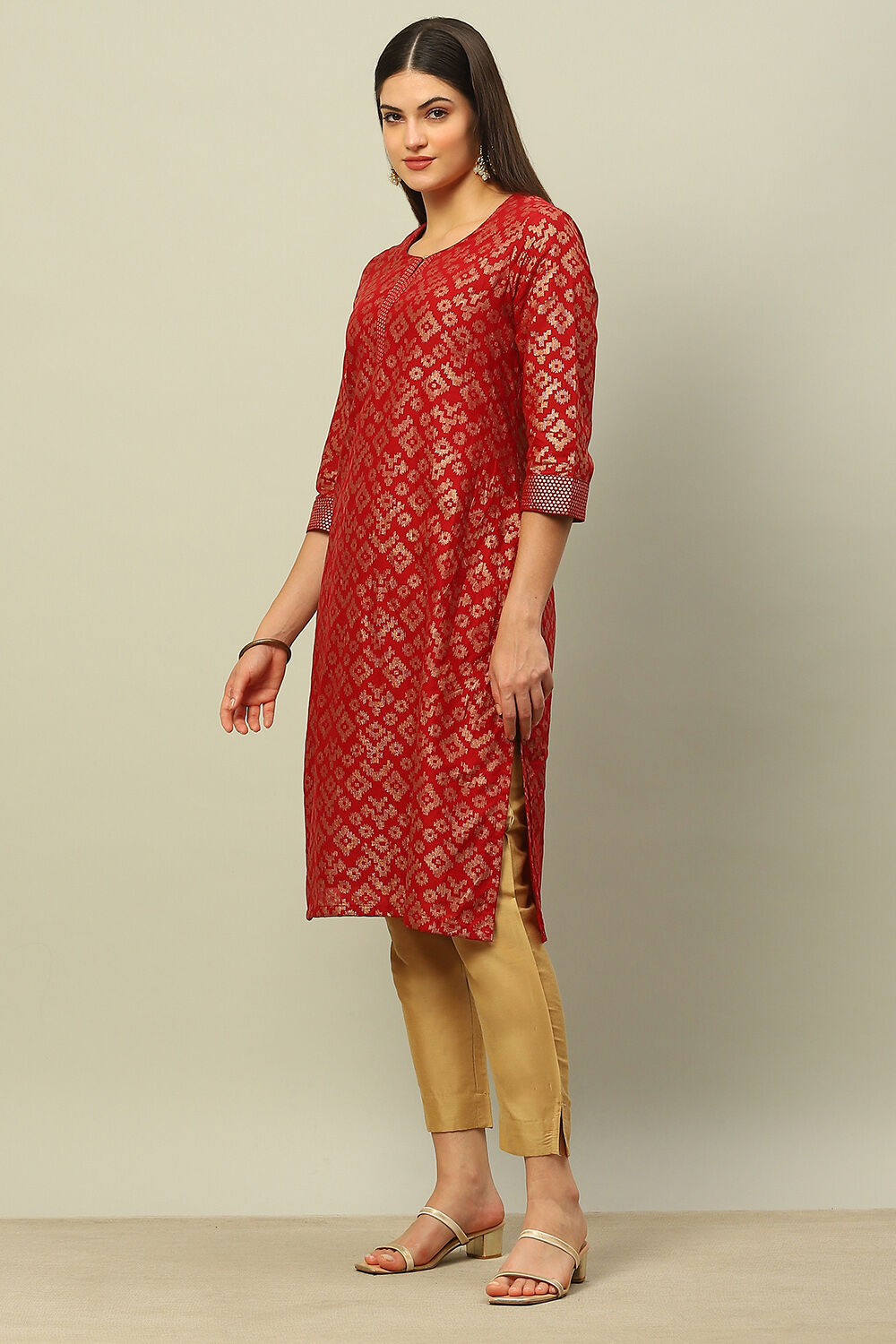 Maroon Cotton Printed Straight Kurta image number 2