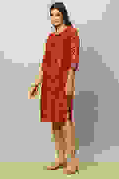 Maroon Cotton Printed Straight Kurta image number 2