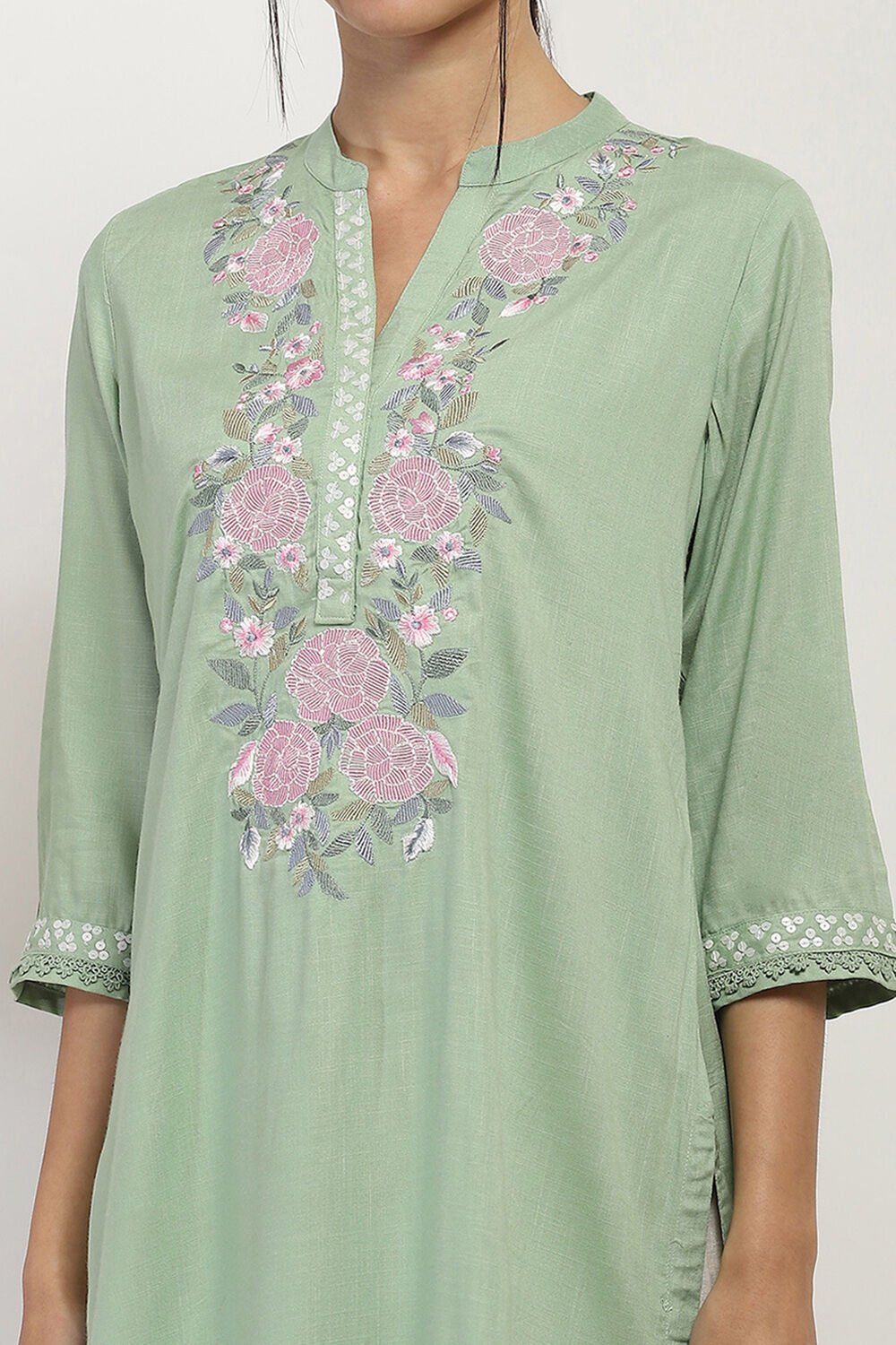 Sage Green Floral Straight Kurta image number 1