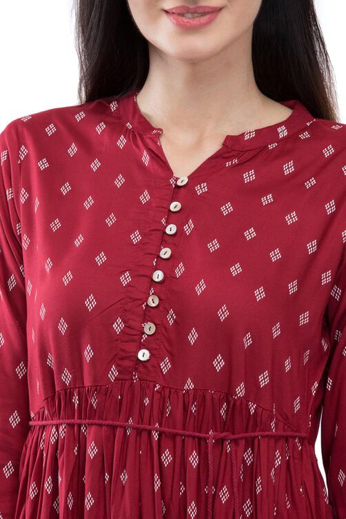 Maroon Flared Viscose Dress image number 1
