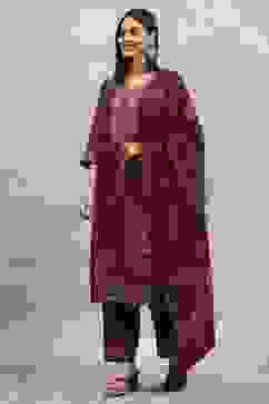 Green-Maroon Polyester Yarndyed Straight Suit Set image number 3