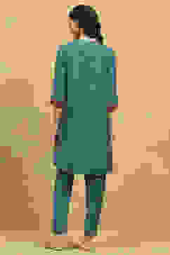 Teal Viscose Blend Printed Straight Kurta Pants Set image number 4