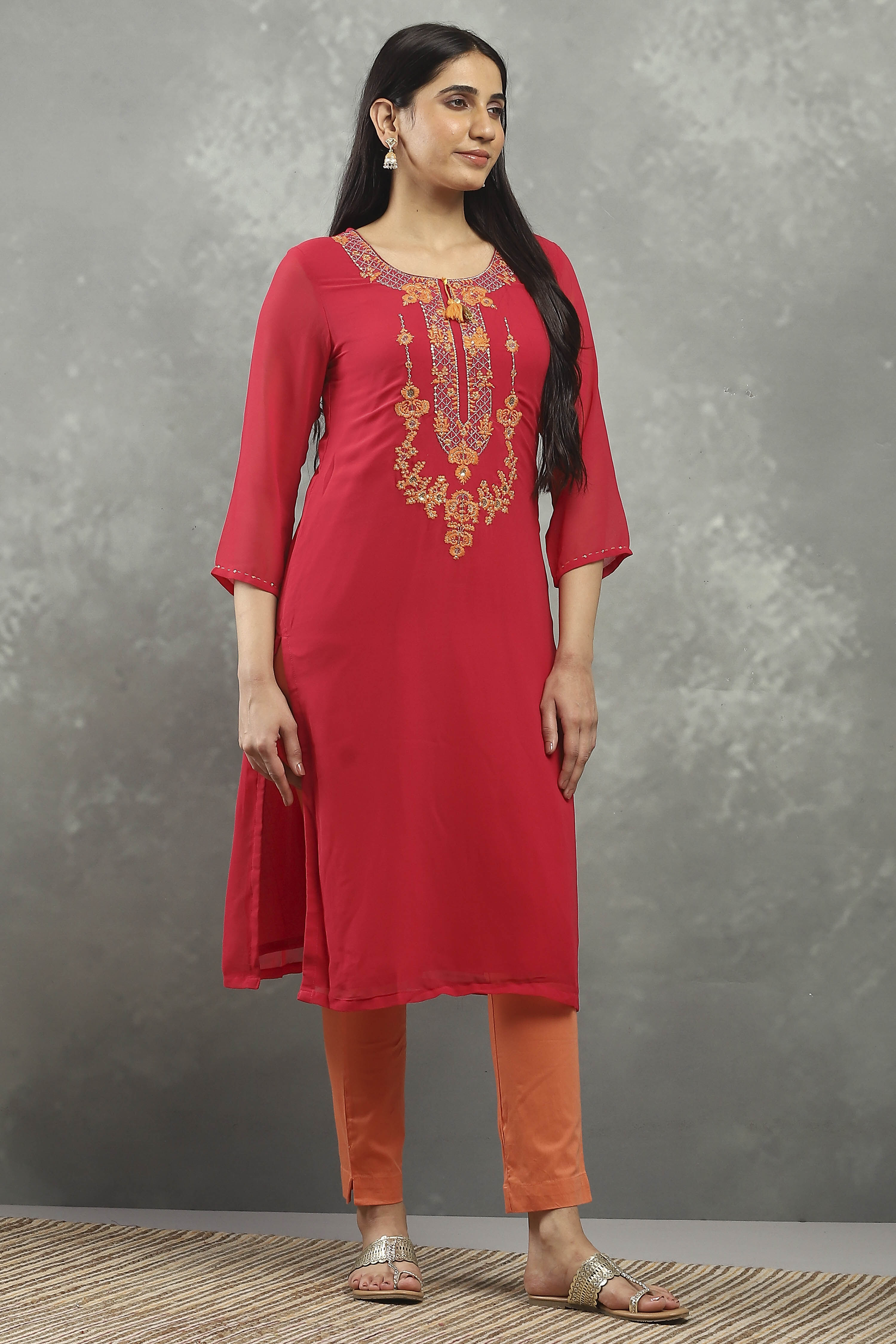 Pink Viscose Flared Kurta Pants Set image number 5