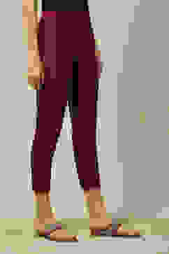 Maroon Polyester Slim Solid Pants image number 3
