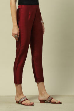 Maroon Polyester Slim Solid Pants image number 3