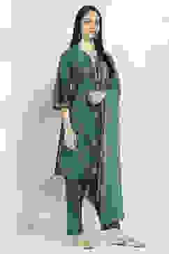 Teal Embroidered Straight Suit Set image number 5