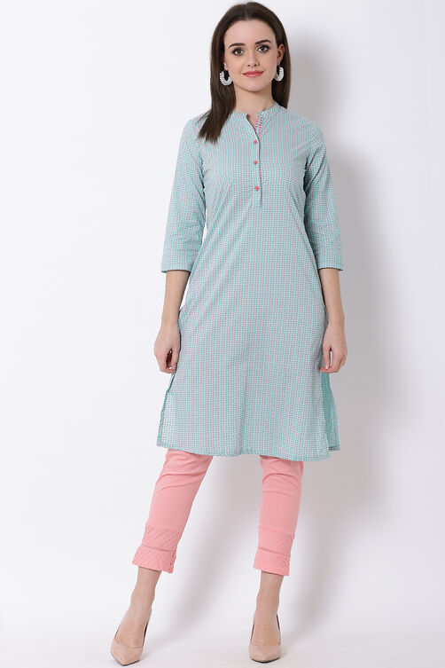 Aqua Cotton Straight Kurta image number 4
