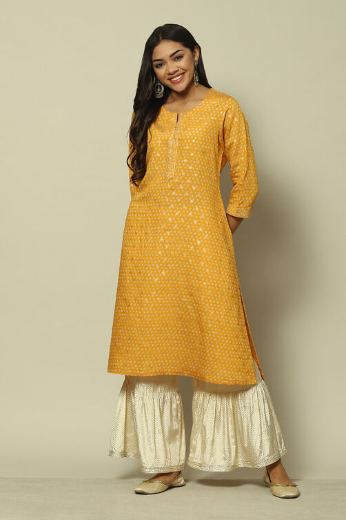 Yellow LIVA Straight Printed Kurta image number 0