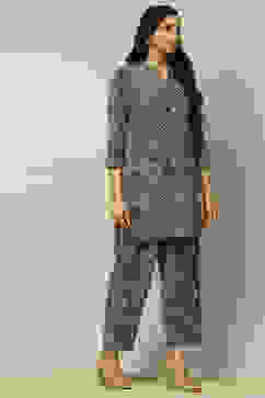 Navy Blue Printed Straight Kurta Pants Co-ord Set image number 5