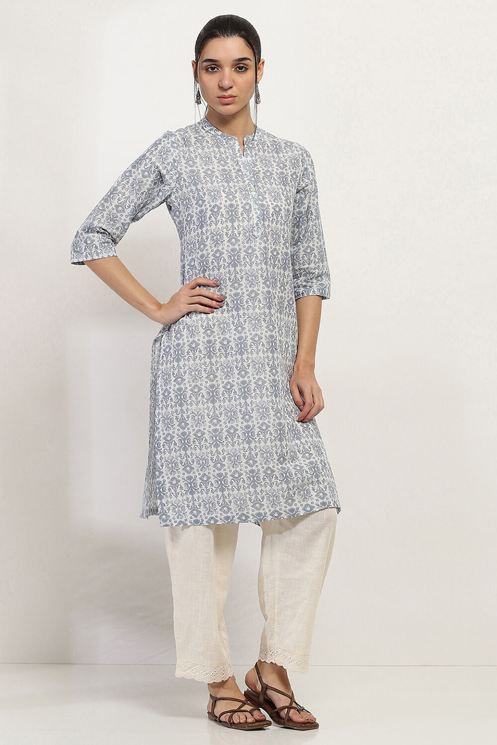 Grey Cotton Printed Straight Kurta image number 4