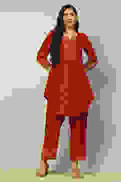 Red Viscose Blend Printed Festive Co-ord Set image number 0