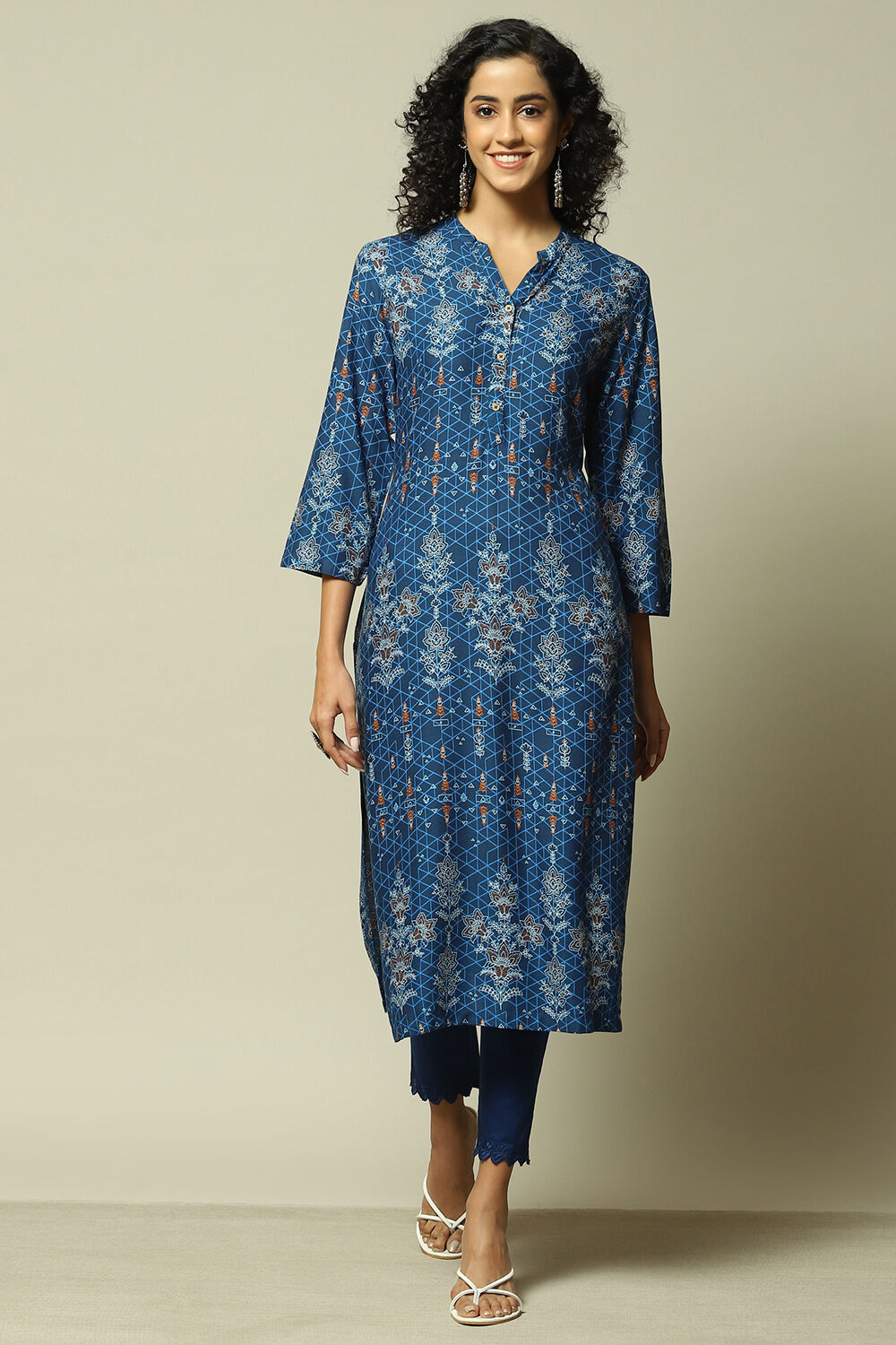 Indigo LIVA Straight Printed Kurta image number 5