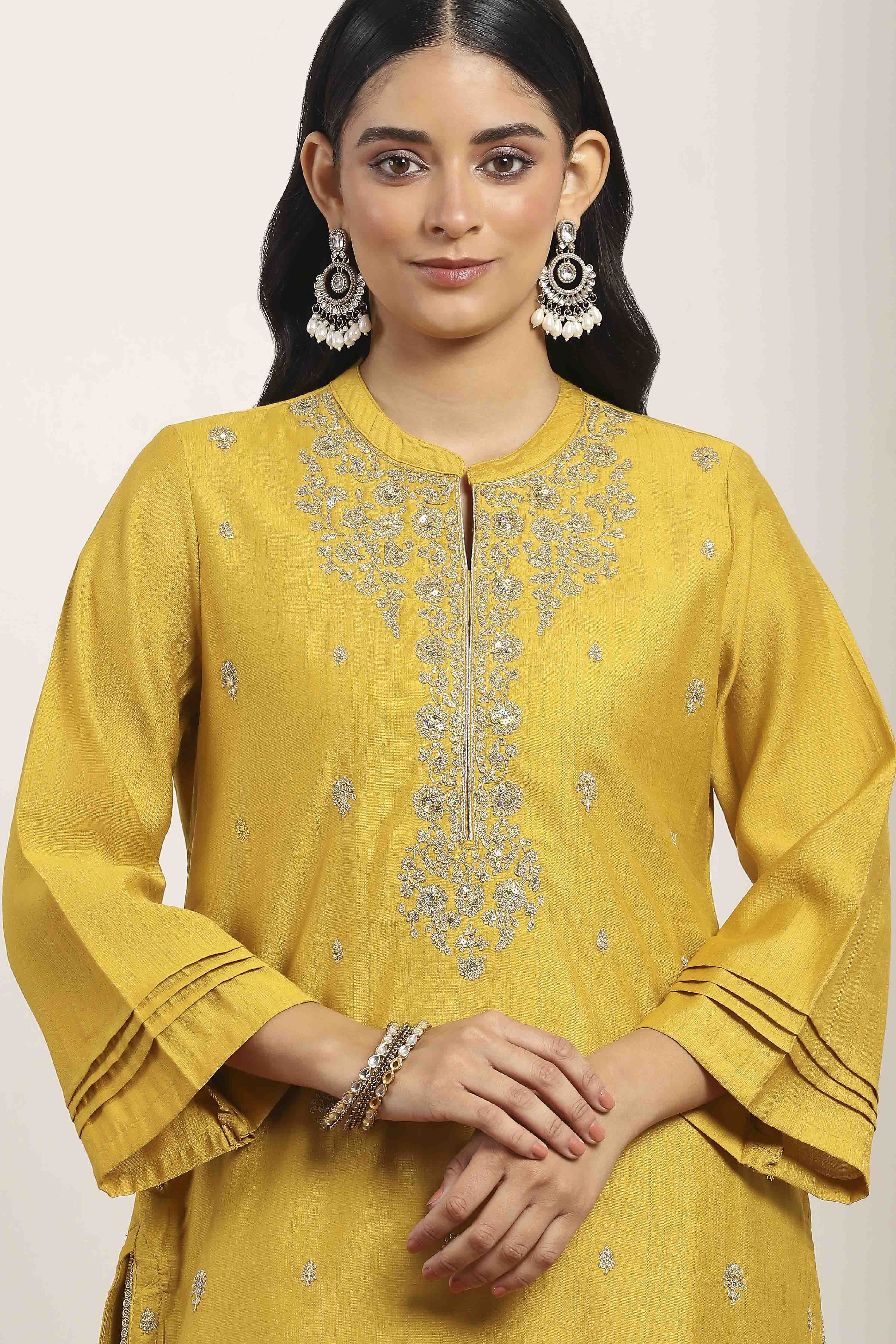 Yellow Viscose Polyester Straight Suit Sets image number 1