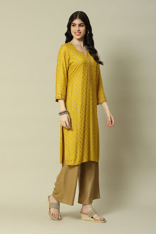 Lime Green LIVA Straight Printed Kurta image number 3