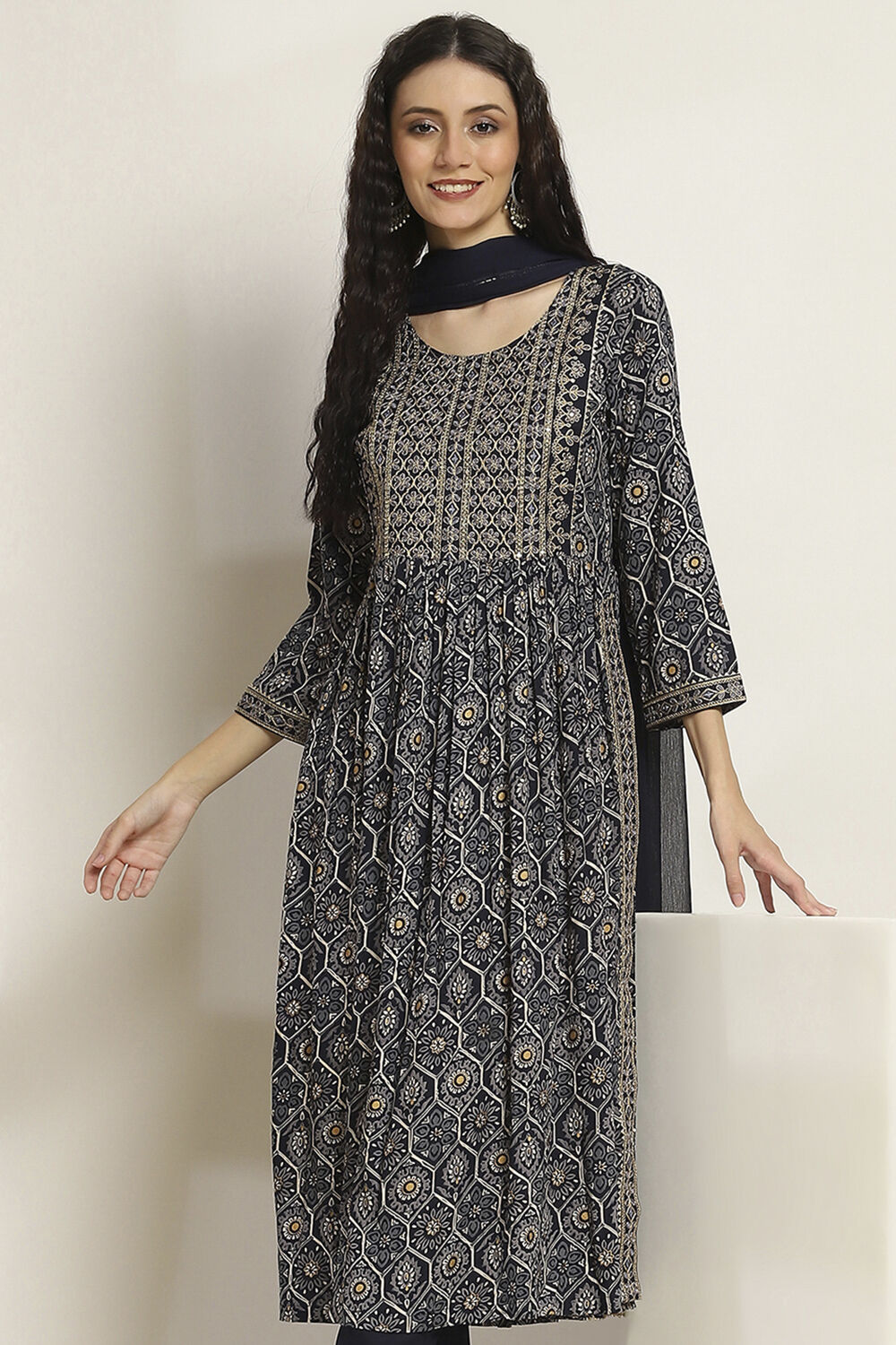 Navy Viscose Rayon Printed Gathered Suit Set image number 7