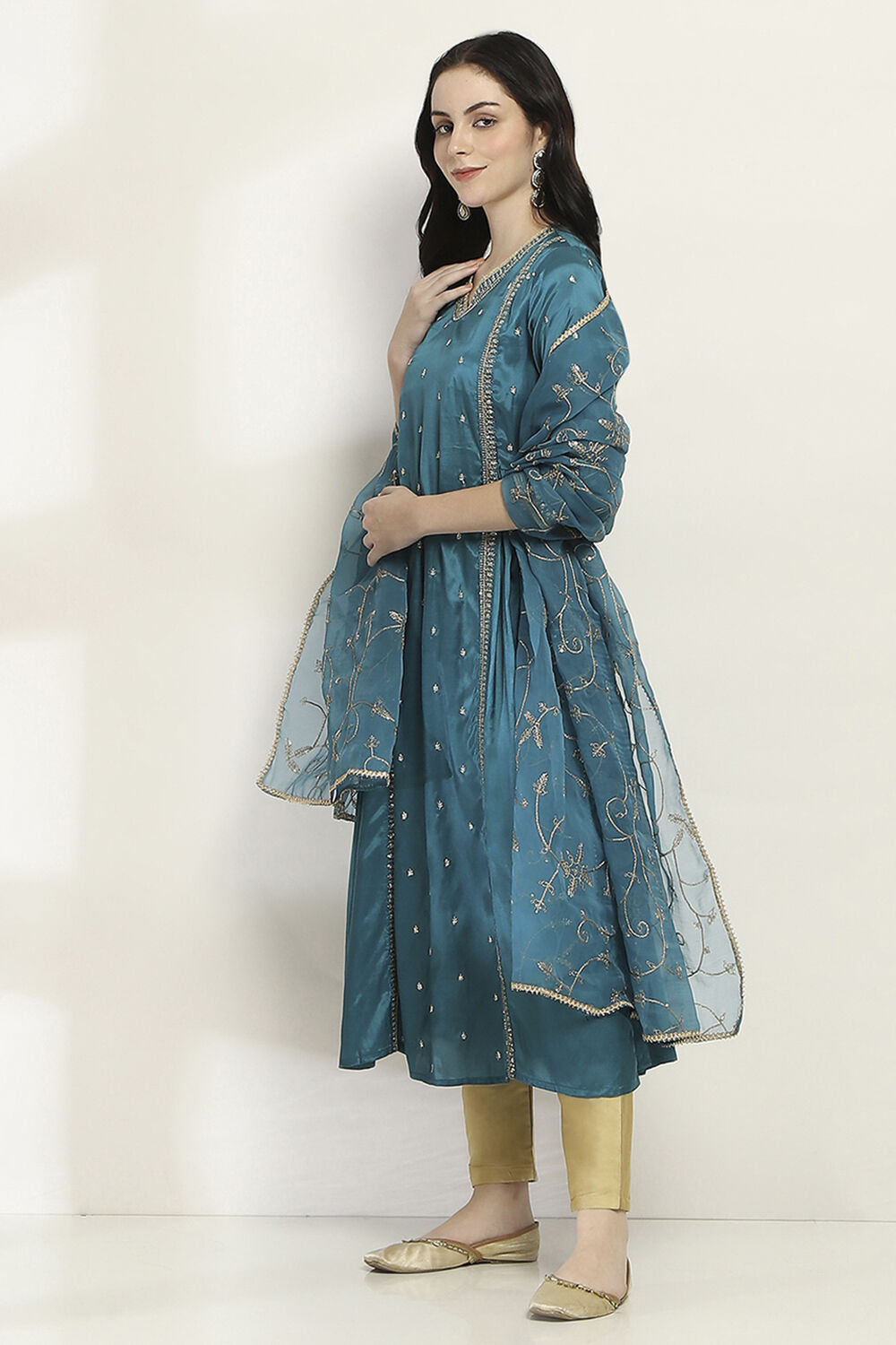 Teal Viscose Gathered Dress image number 2