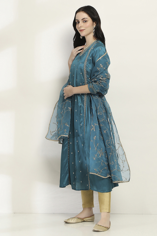 Teal Viscose Gathered Dress image number 2