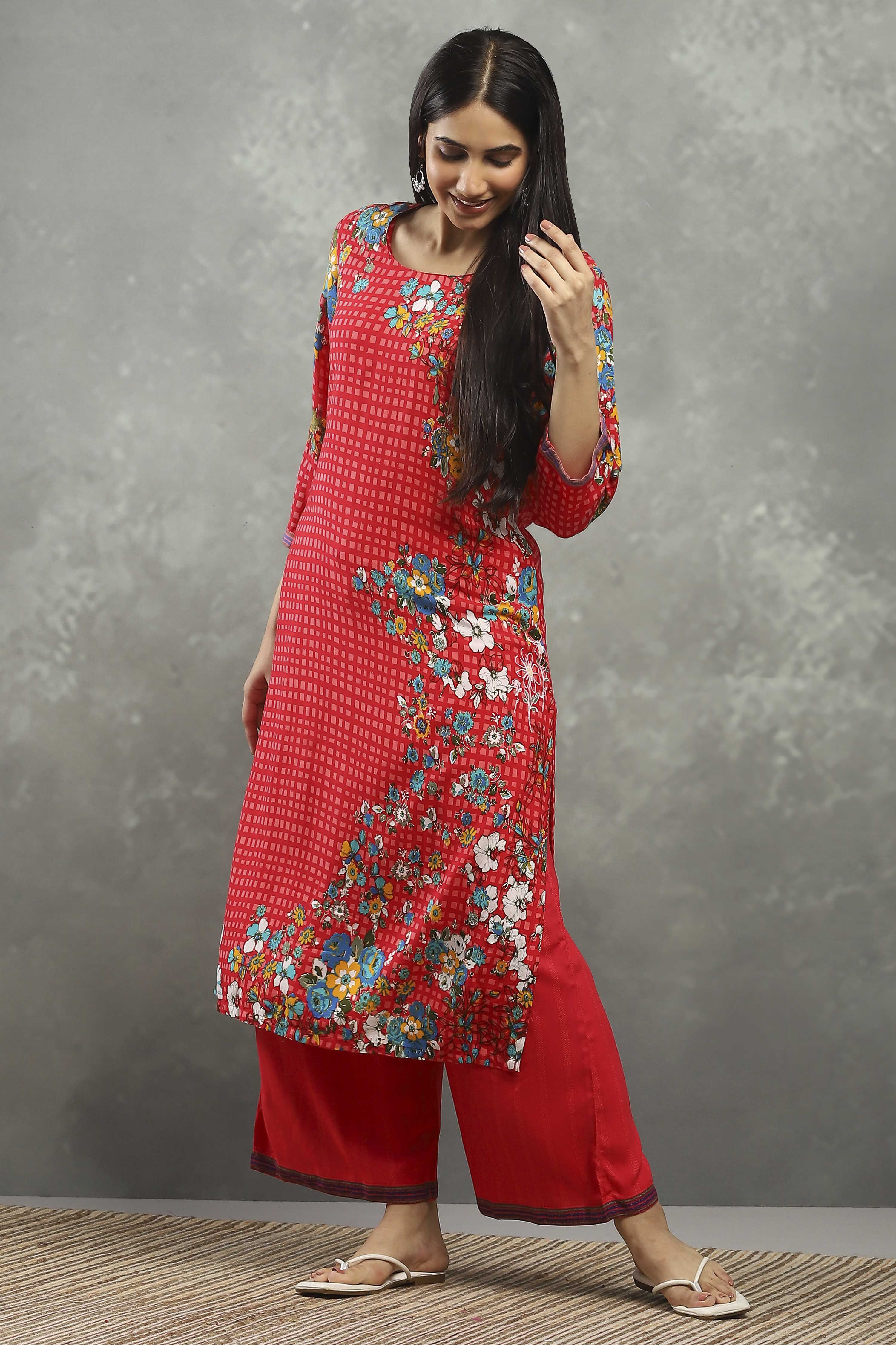 Red Viscose Straight Kurta Pants Set image number 0