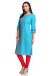 Turquoise Straight Cotton Kurta image number 3