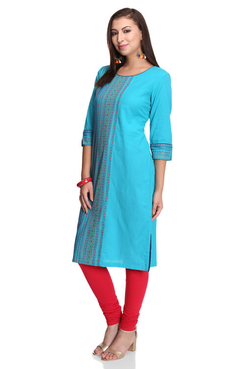 Turquoise Straight Cotton Kurta image number 3