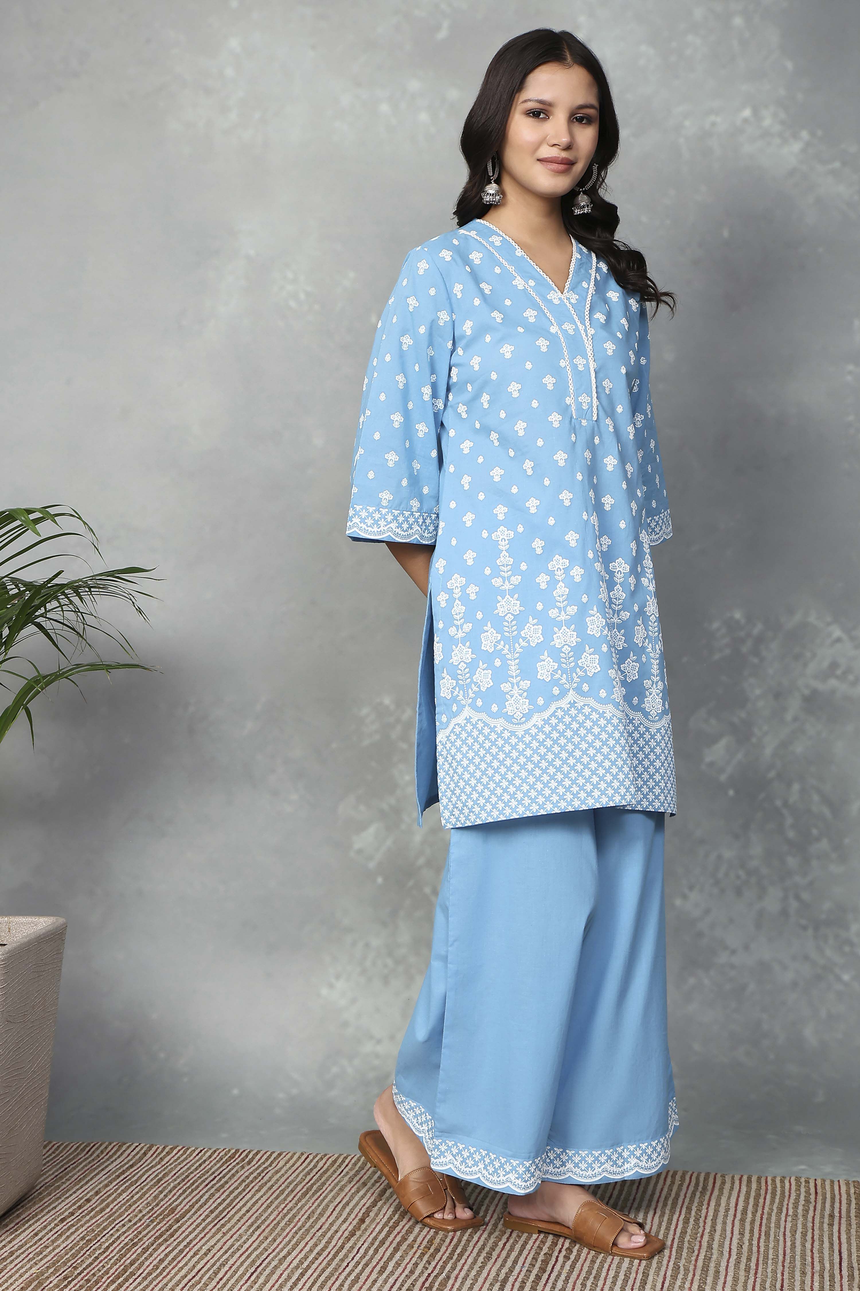 Blue Cotton Printed Kurta Palazzo Set image number 5