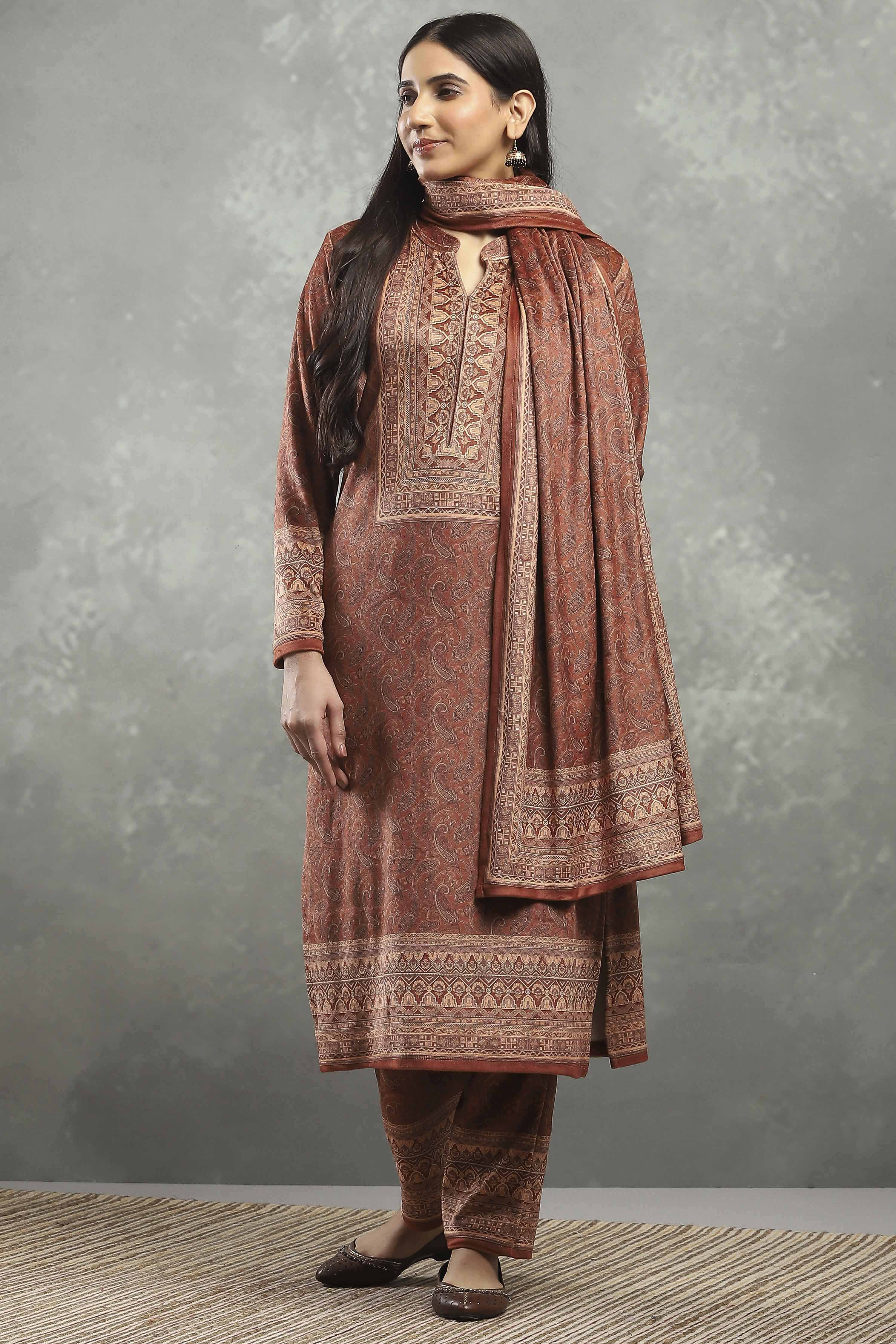 Brown Polyester Printed Straight Suit Set image number 0