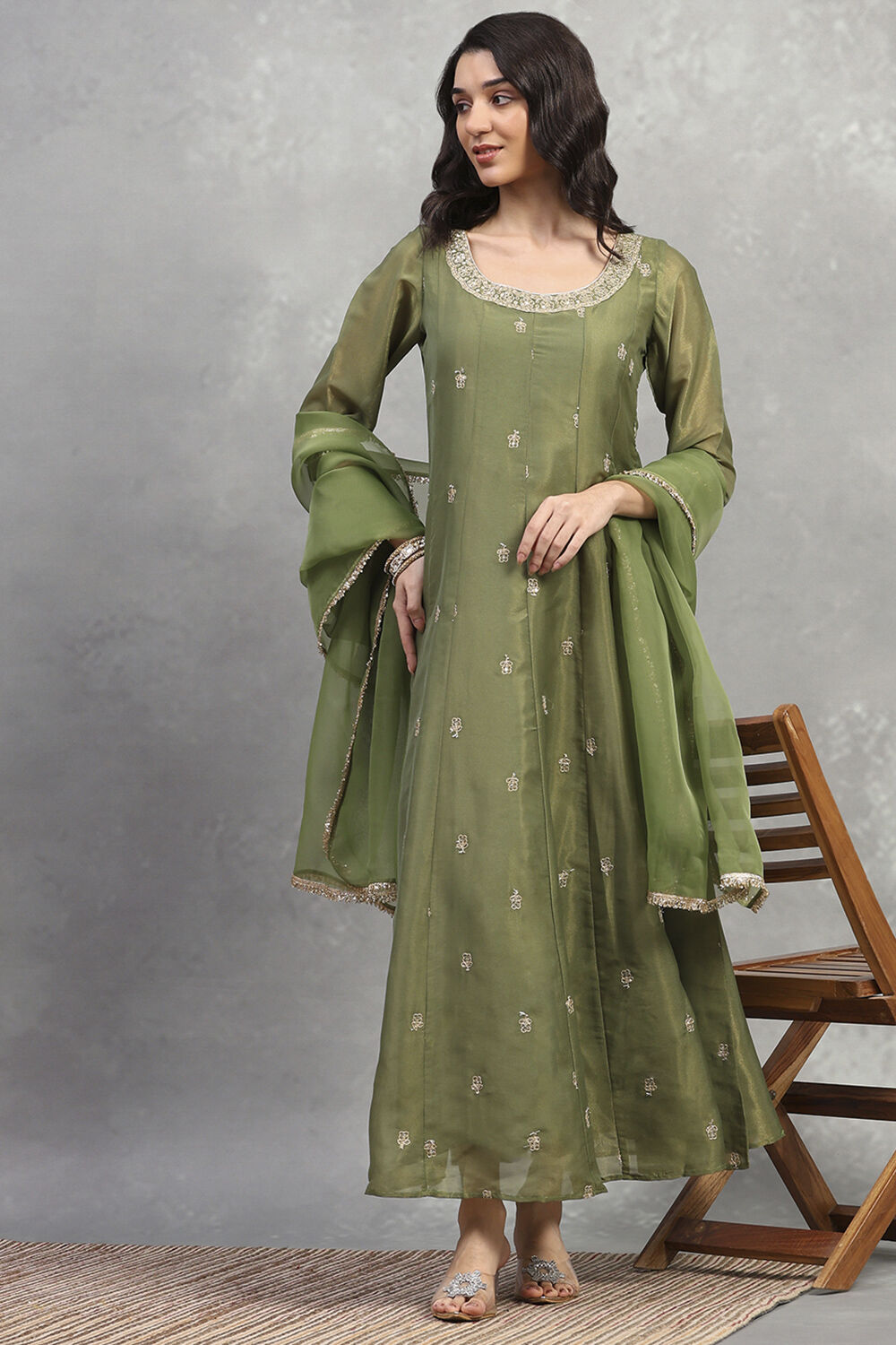 Green Tissue Solid Anarkali Dress image number 6