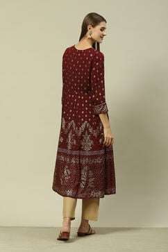 Maroon Poly Viscose Kalidar Printed Dress image number 3