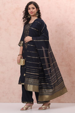 Navy Blue Art Silk Straight Suit Set image number 7