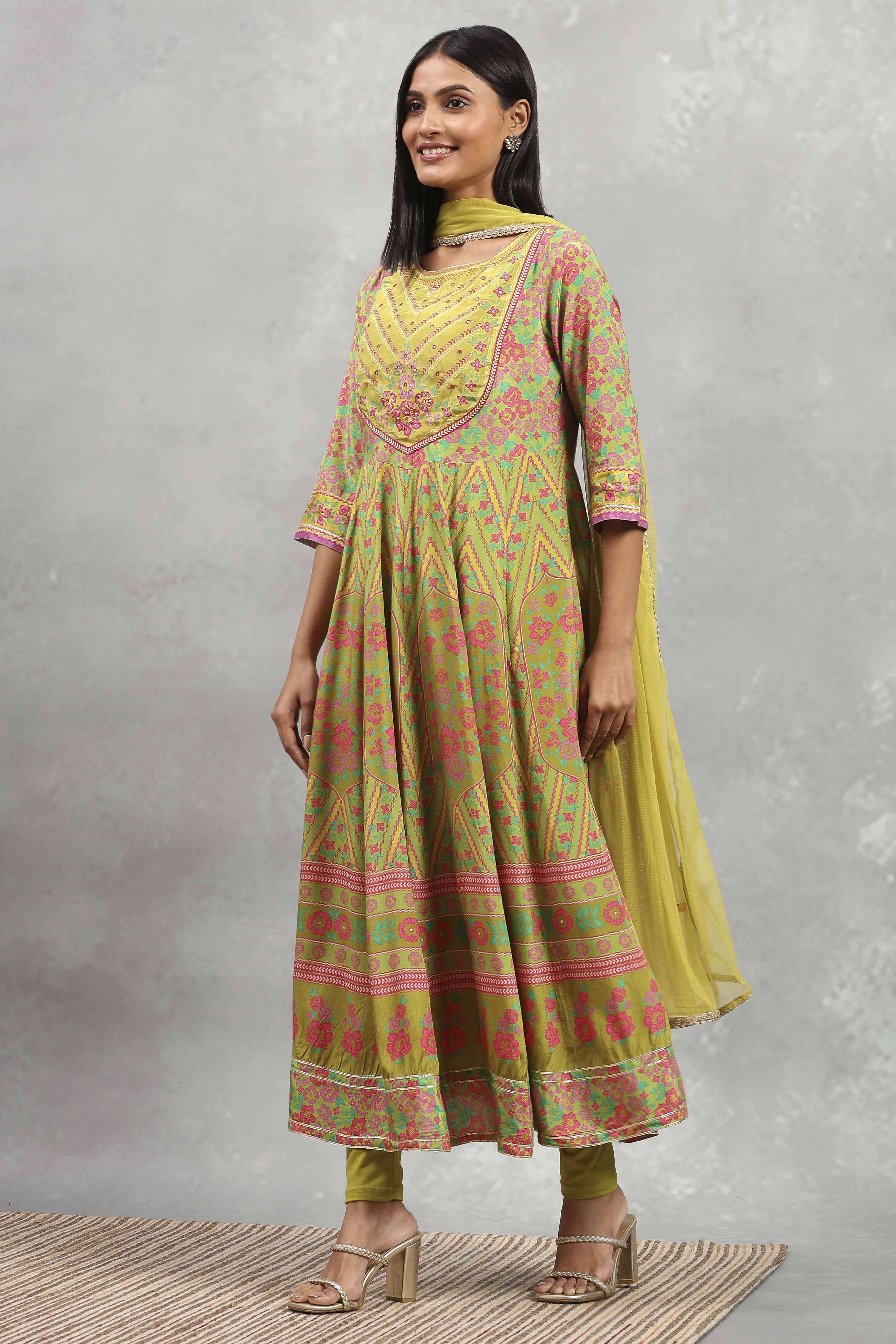 Lime Viscose Rayon Printed Anarkali Suit Set image number 3